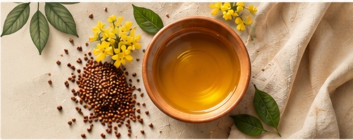 Fresh cold-pressed mustard oil with whole seeds and mustard flowers